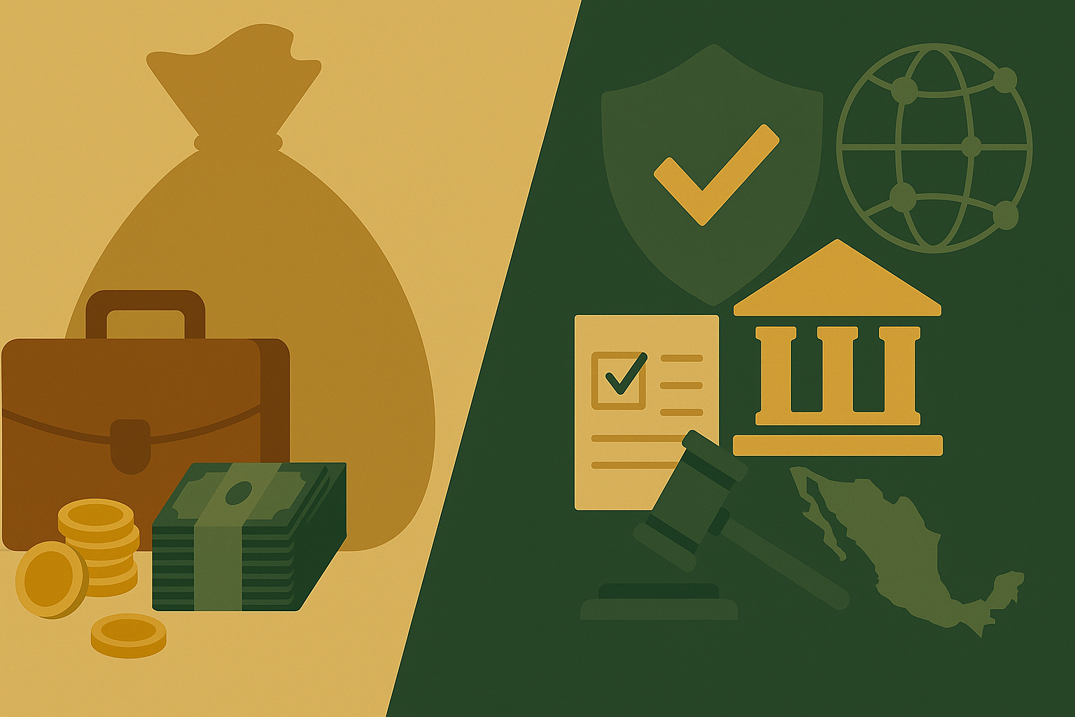 Evolución del lavado de dinero: escenas desde mercados antiguos y cambistas medievales hasta maletines de efectivo, bancos y nodos cripto en la era digital.