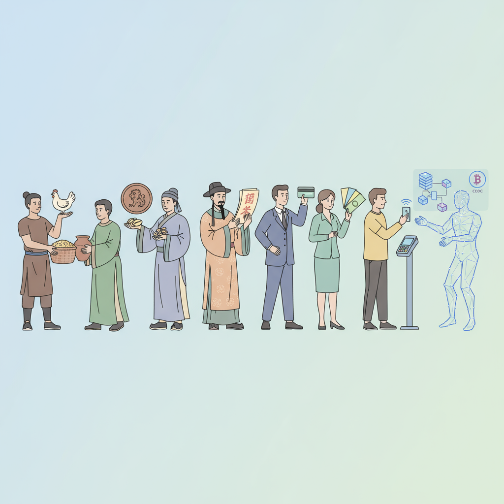 Origen del dinero desde el trueque hasta las transacciones digitales y criptomonedas, mostrando etapas históricas del intercambio económico.