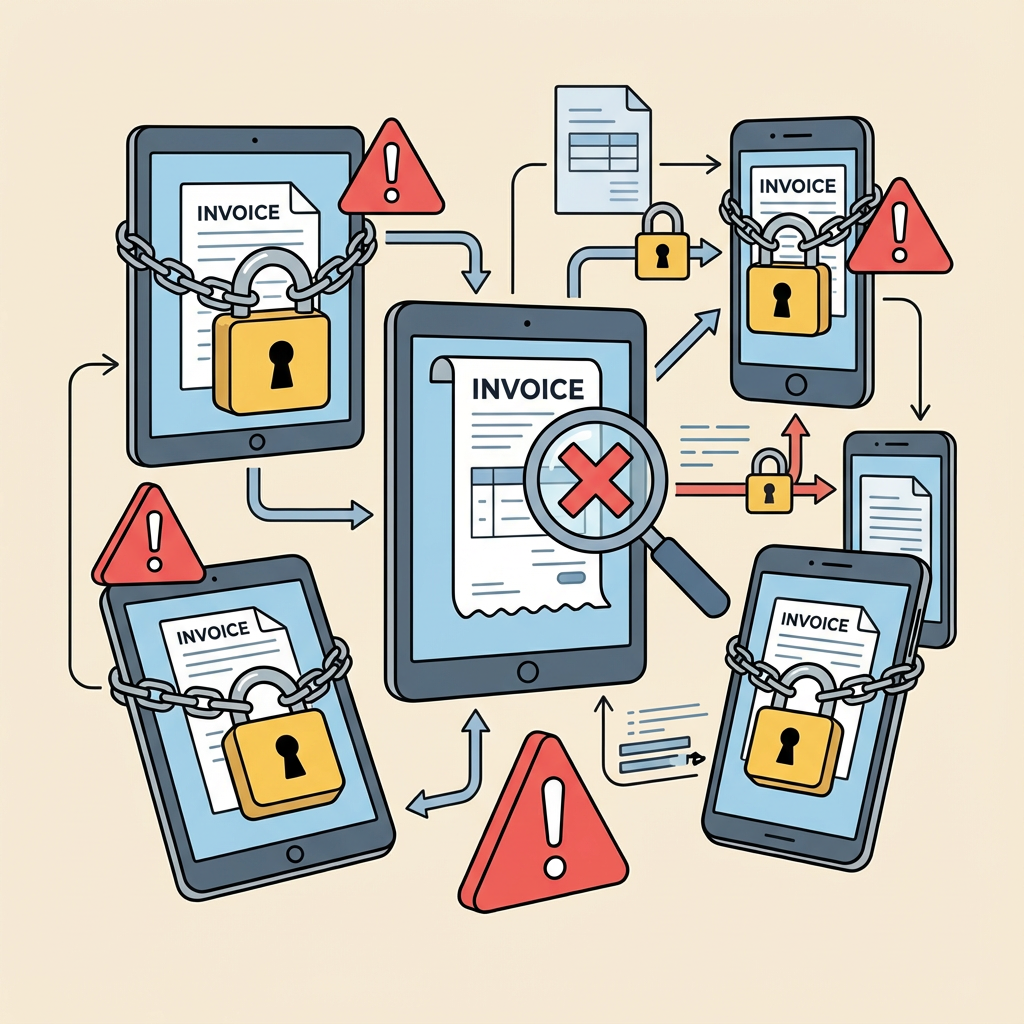 Ilustración de facturas digitales con candados, alertas y un ícono de cancelación, representando los riesgos de operaciones simuladas y CFDI falsos.