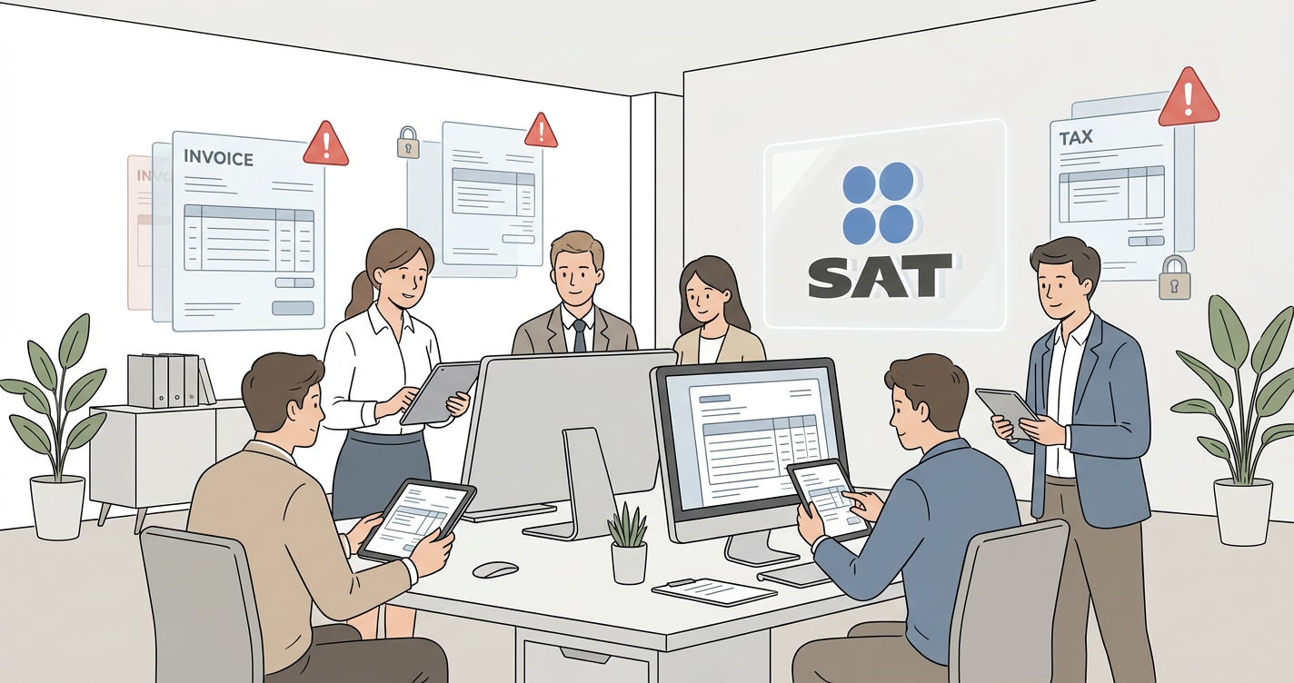 Ilustración de un equipo de trabajo revisando facturas y documentos digitales frente al SAT, representando el proceso de validación y fiscalización en tiempo real.