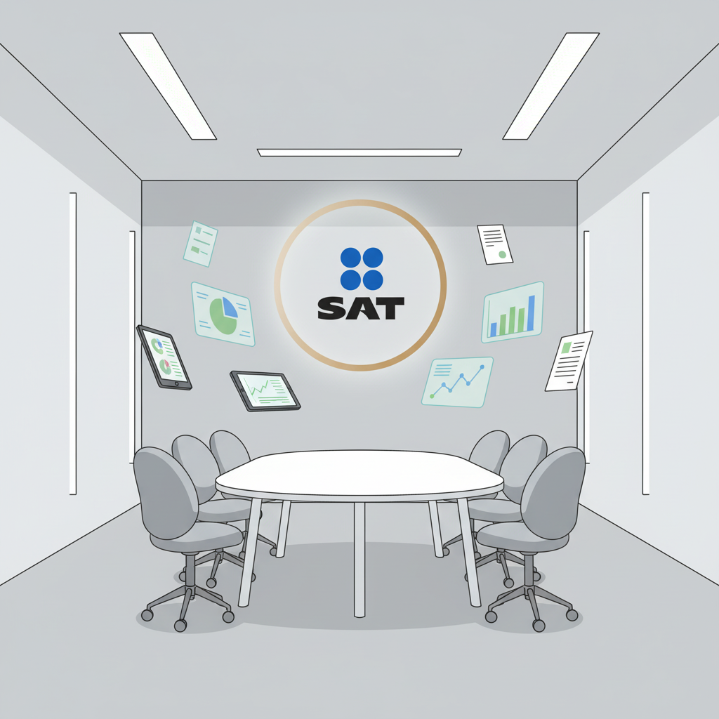 Ilustración de una sala de juntas con documentos digitales flotando frente al logotipo del SAT, representando la fiscalización digital y el análisis de datos fiscales.