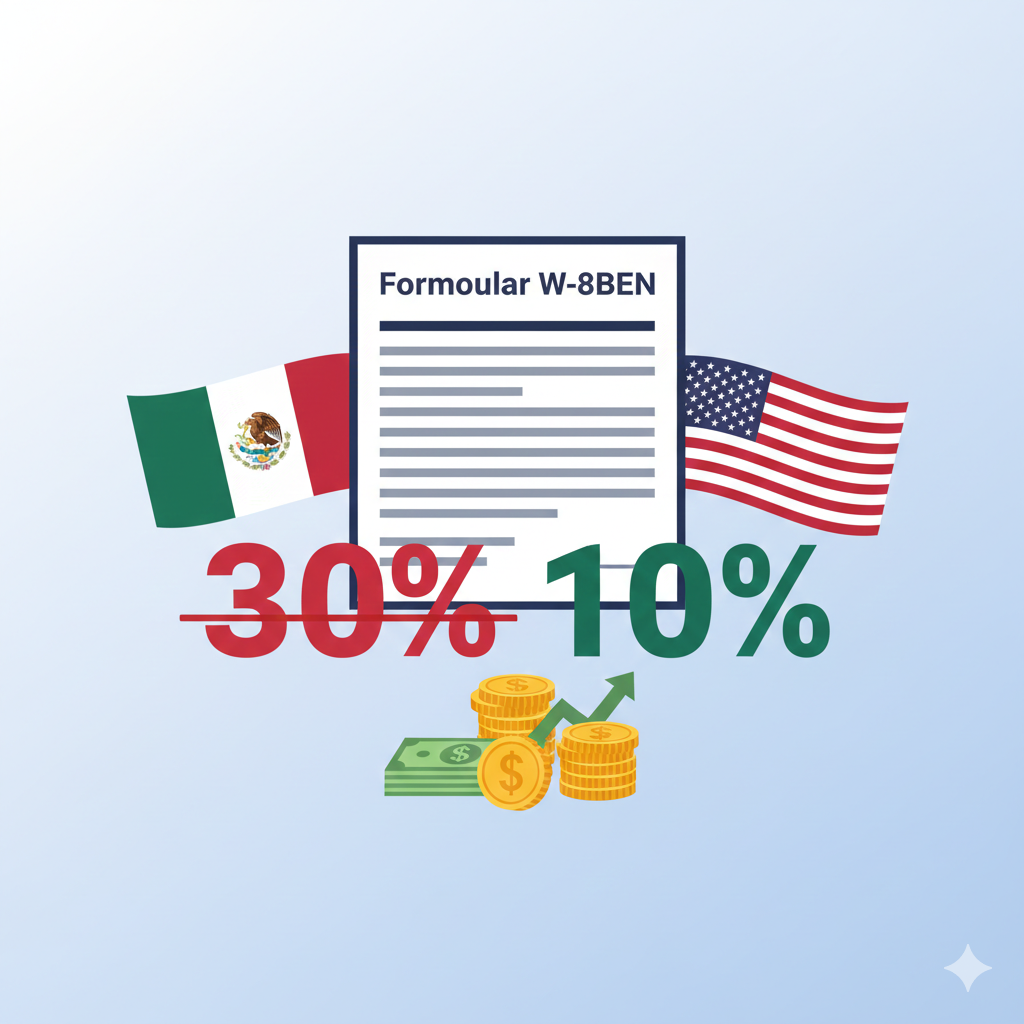 Ilustración del formulario W-8BEN con las banderas de México y Estados Unidos, mostrando la reducción de retención de impuestos del 30% al 10%.