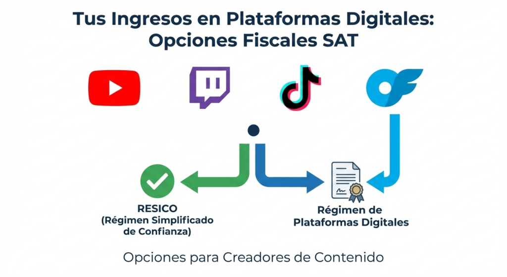 Diagrama explicativo de opciones fiscales del SAT para ingresos de YouTube, Twitch, TikTok y OnlyFans: comparativa entre RESICO y Régimen de Plataformas Digitales.