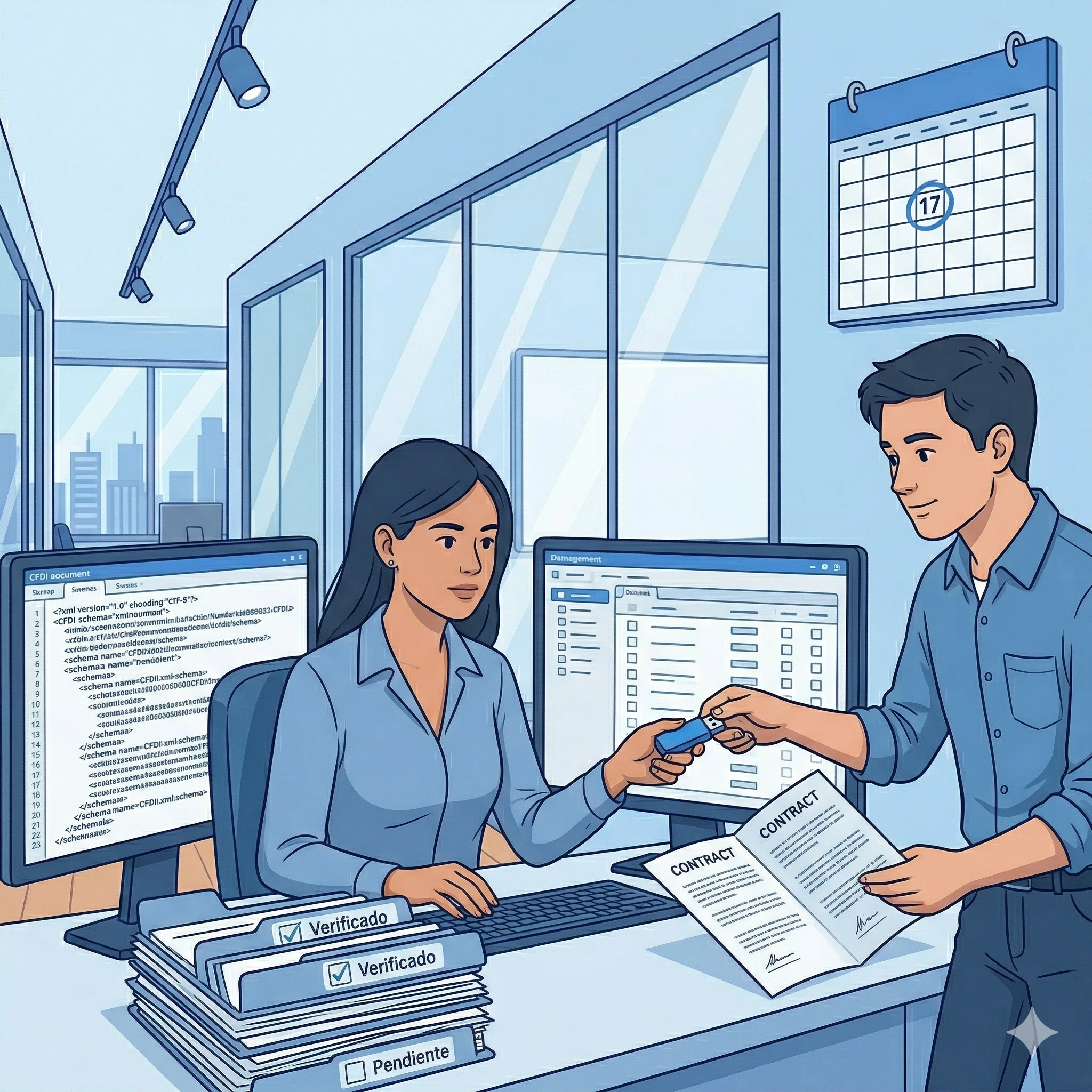 Especialista en verificación documental de CFDI trabajando con cliente empresarial