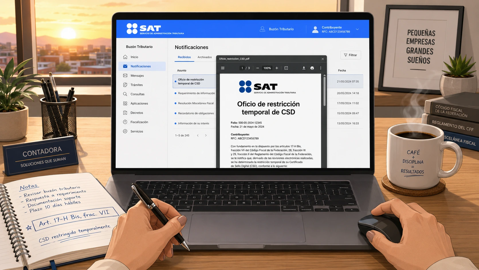 Notificación del SAT en buzón tributario - Oficio de restricción temporal de CSD Art. 17-H Bis