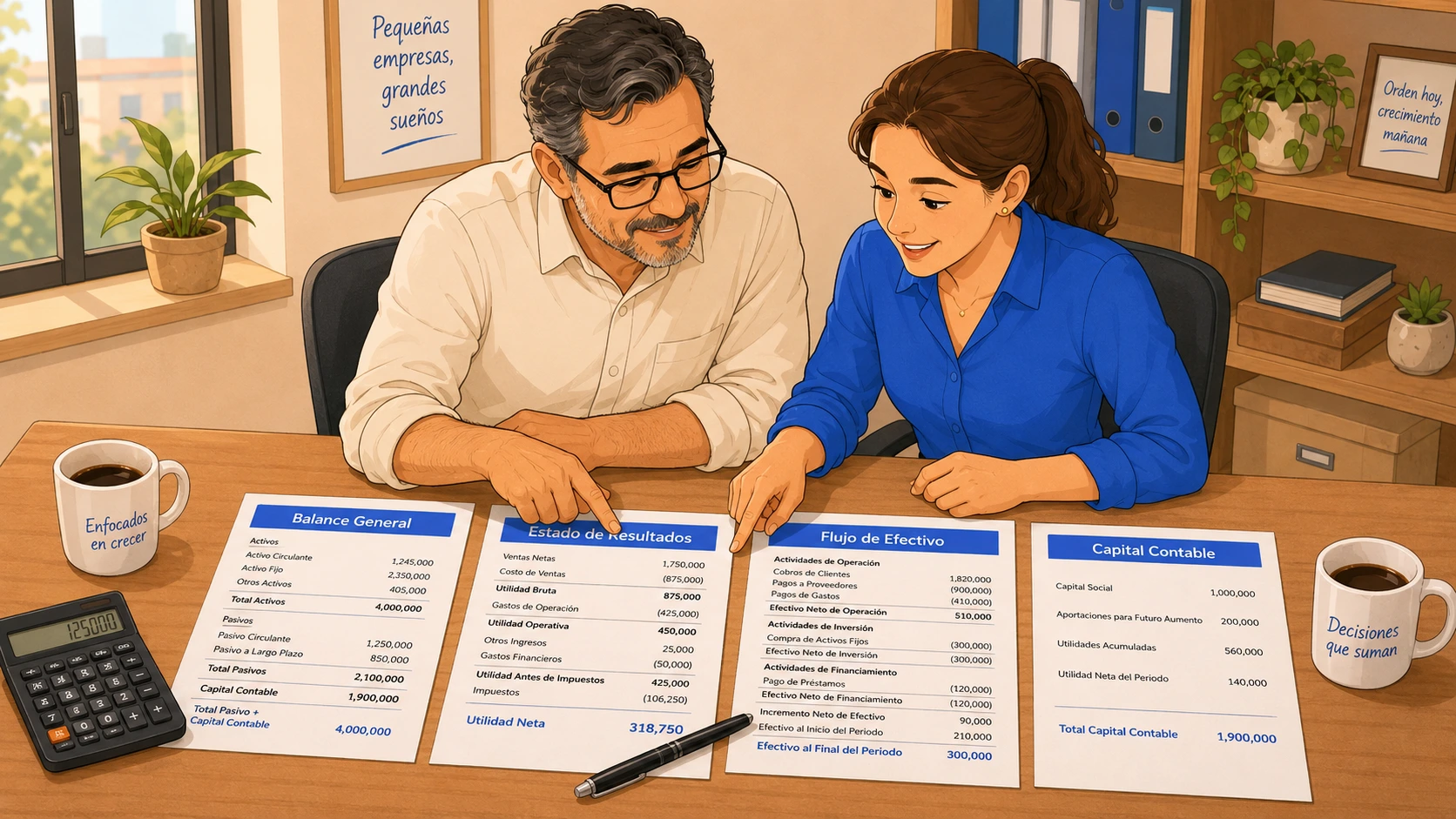 Dueño y contadora revisan Balance General, Estado de Resultados, Flujo de Efectivo y Capital Contable lado a lado