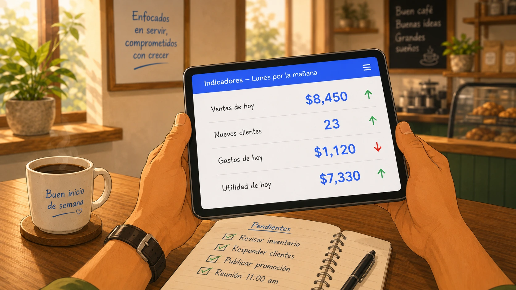 Emprendedor revisa un tablero sencillo de indicadores financieros en una tableta el lunes por la mañana