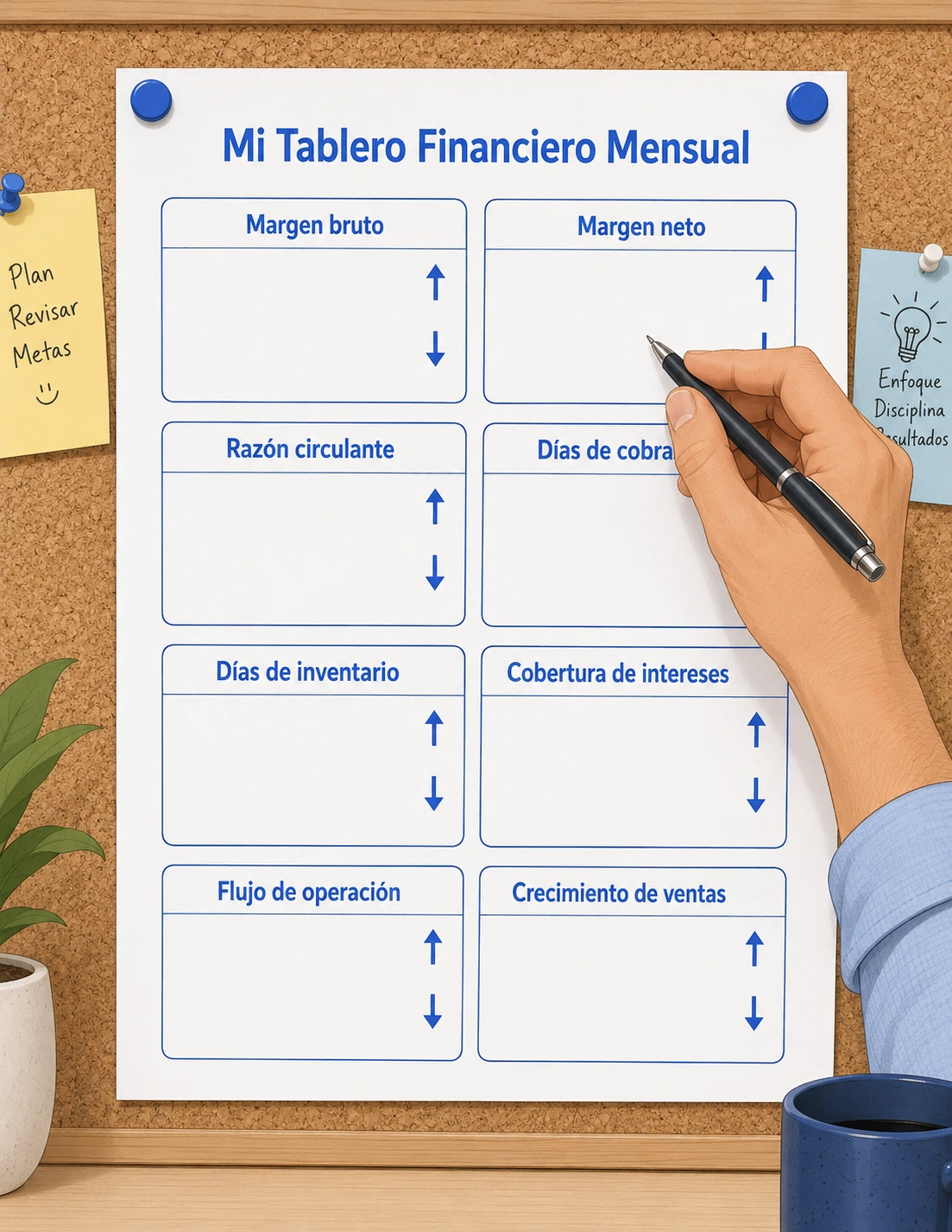 Tablero financiero mensual imprimible con ocho indicadores clave para llenar a mano