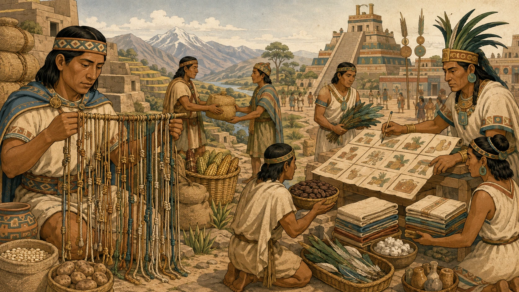 Quipucamayoc andino y funcionario mexica registrando tributos mediante quipus y códices