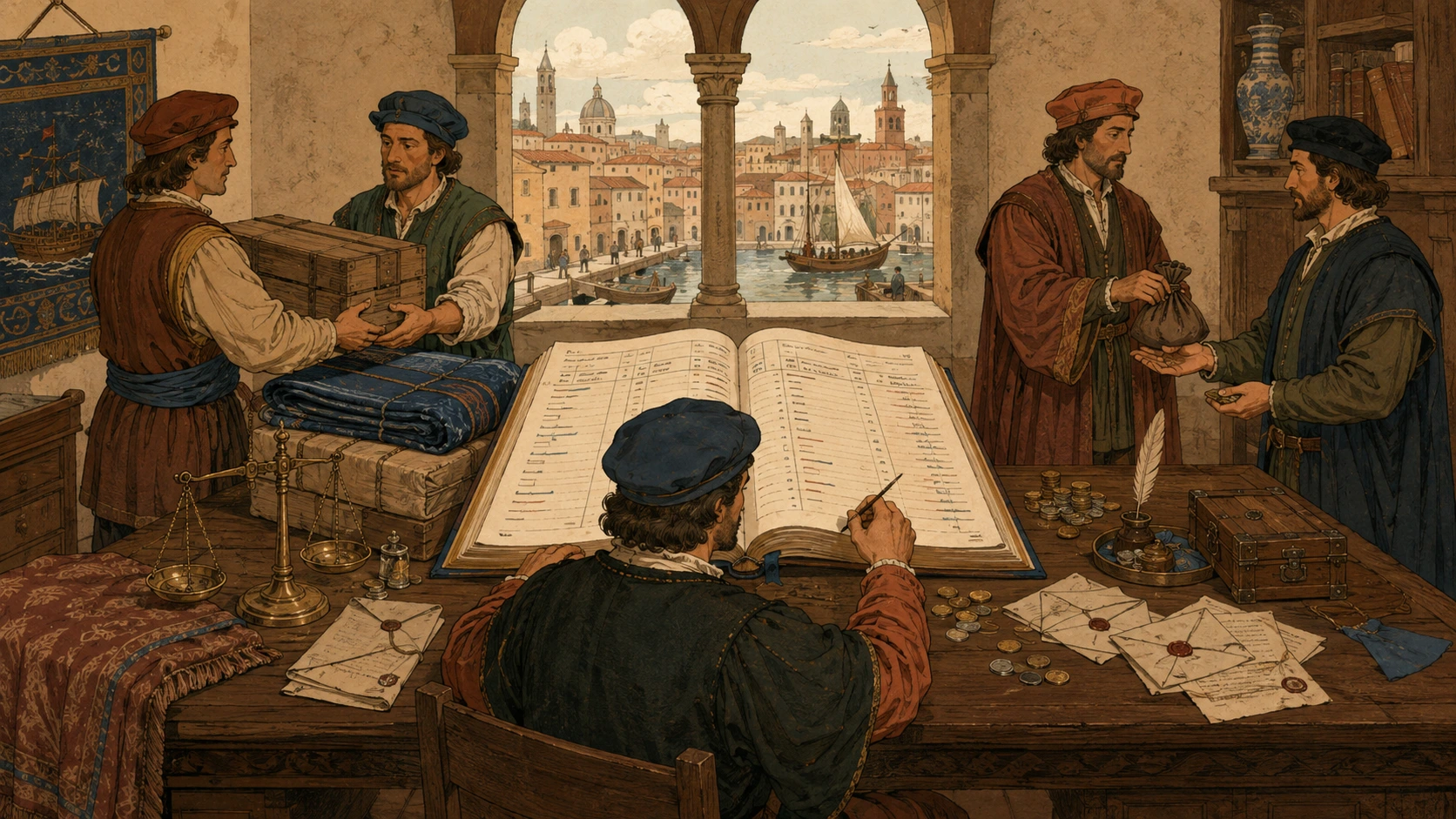 Mercader medieval registrando operaciones en un libro mayor asociado al desarrollo de la partida doble