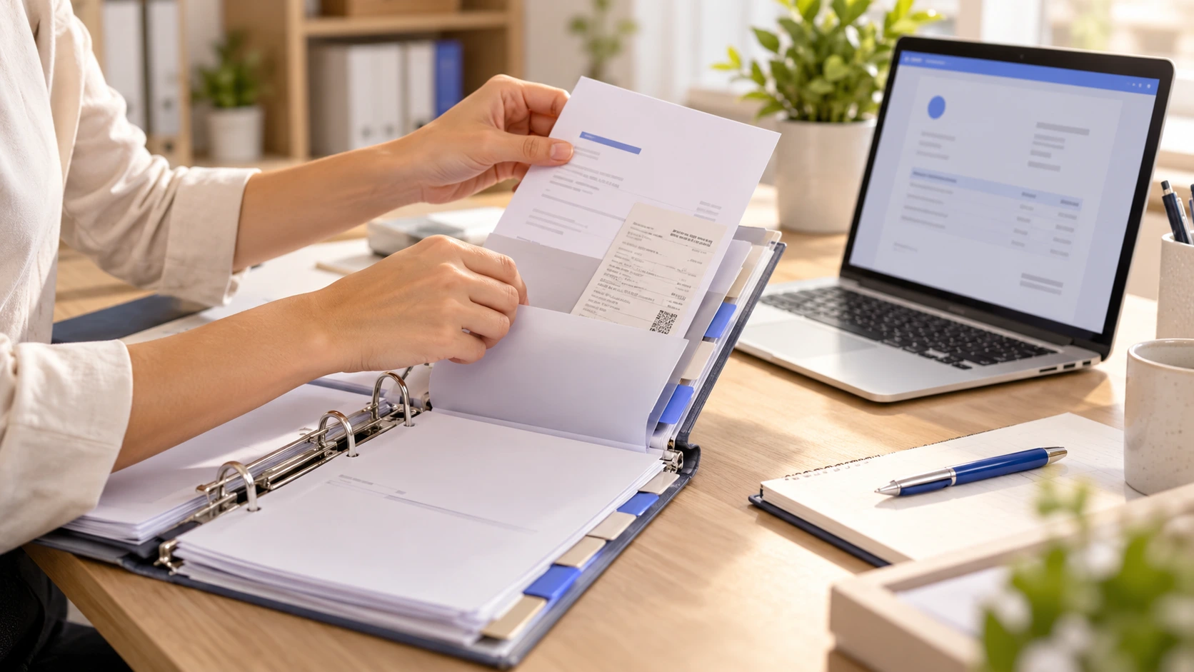 Manos organizan un expediente con contrato, CFDI y comprobante de pago del CFO externo para respaldar la materialidad