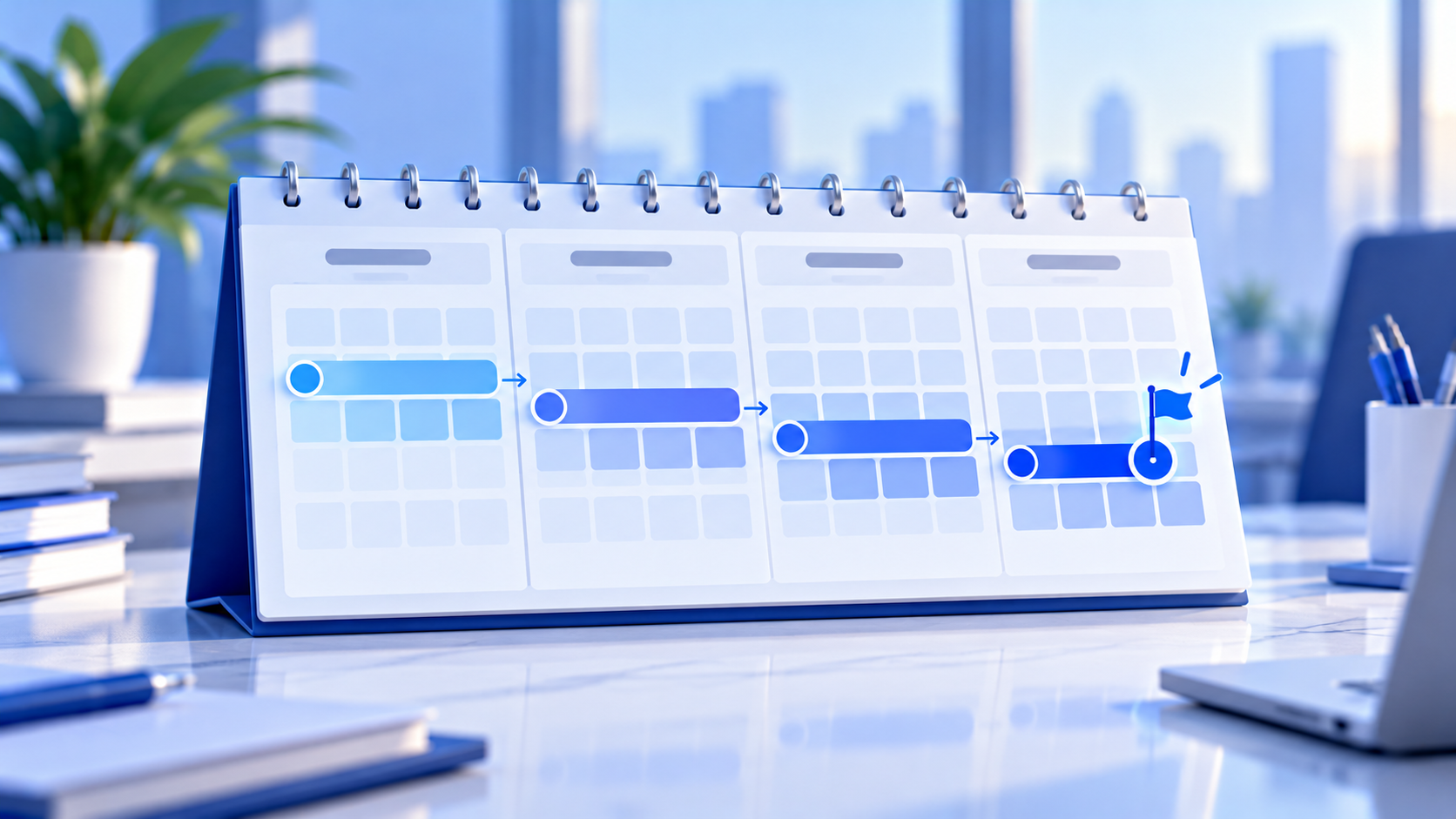 Calendario de cuatro semanas con los ocho pasos del plan de regularización avanzando hasta la meta